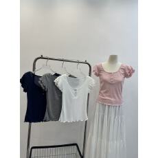 批发来财小马<b class='q'>小</b>飞袖双层木耳边<b class='q'>小</b>飞袖正肩t恤女修身百搭上衣