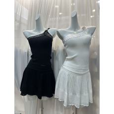 批发纯欲风白色斜肩针织上衣女春夏辣妹无袖<b class='q'>吊带</b><b class='q'>背心</b>百褶半身裙两件套