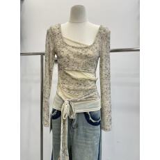 批发谢不肉 <b class='q'>不规则</b>设计感扎染绑带收腰T恤女春季时尚百搭修身显瘦上衣