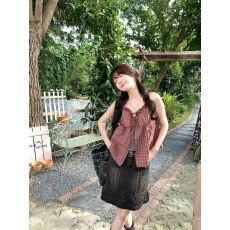 批发韩系木耳花边系带格子吊带背心女夏季叠穿内搭无袖小衫显瘦<b class='q'>两件套</b>