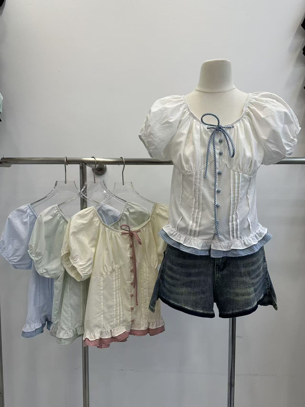 프랑스식 달콤한 스타일 오프숄더 거품 소매 여성 셔츠 프릴 인형 셔츠 부드러운 소녀 바람 맨위 여름 섹션