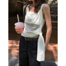 批发法式荡领<b class='q'>假两件</b>无袖T恤女夏季收腰设计感小众绑带高级感短款上衣