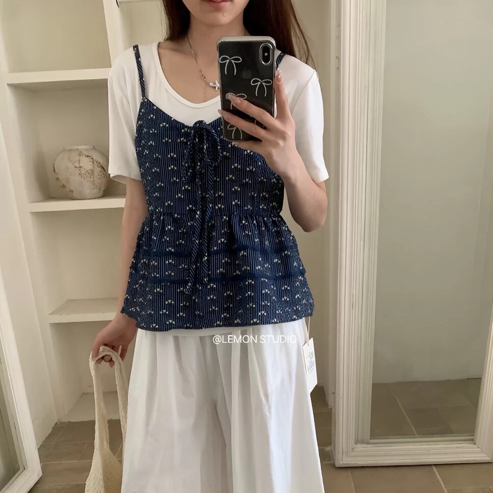 한국 동대문 여름 새로운 프랑스식 레트로 V넥 외출용 꽃무늬 캐미솔 슬림해 보이는 민소매 맨위