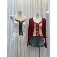 辣妹波点蕾丝拼接吊带背心纯欲性感交叉绑带设计感显瘦上衣女