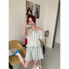 批发韩系甜美拼接花边格子短袖<b class='q'>衬衫</b>女夏季法式小资漂亮蝴蝶结系带上衣