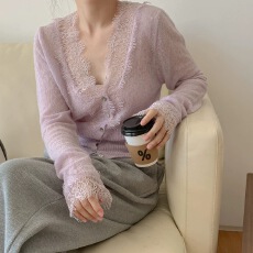 批发蕾丝花边V领针织<b class='q'>开衫</b>女chic御姐高级感法式修身百搭上衣潮