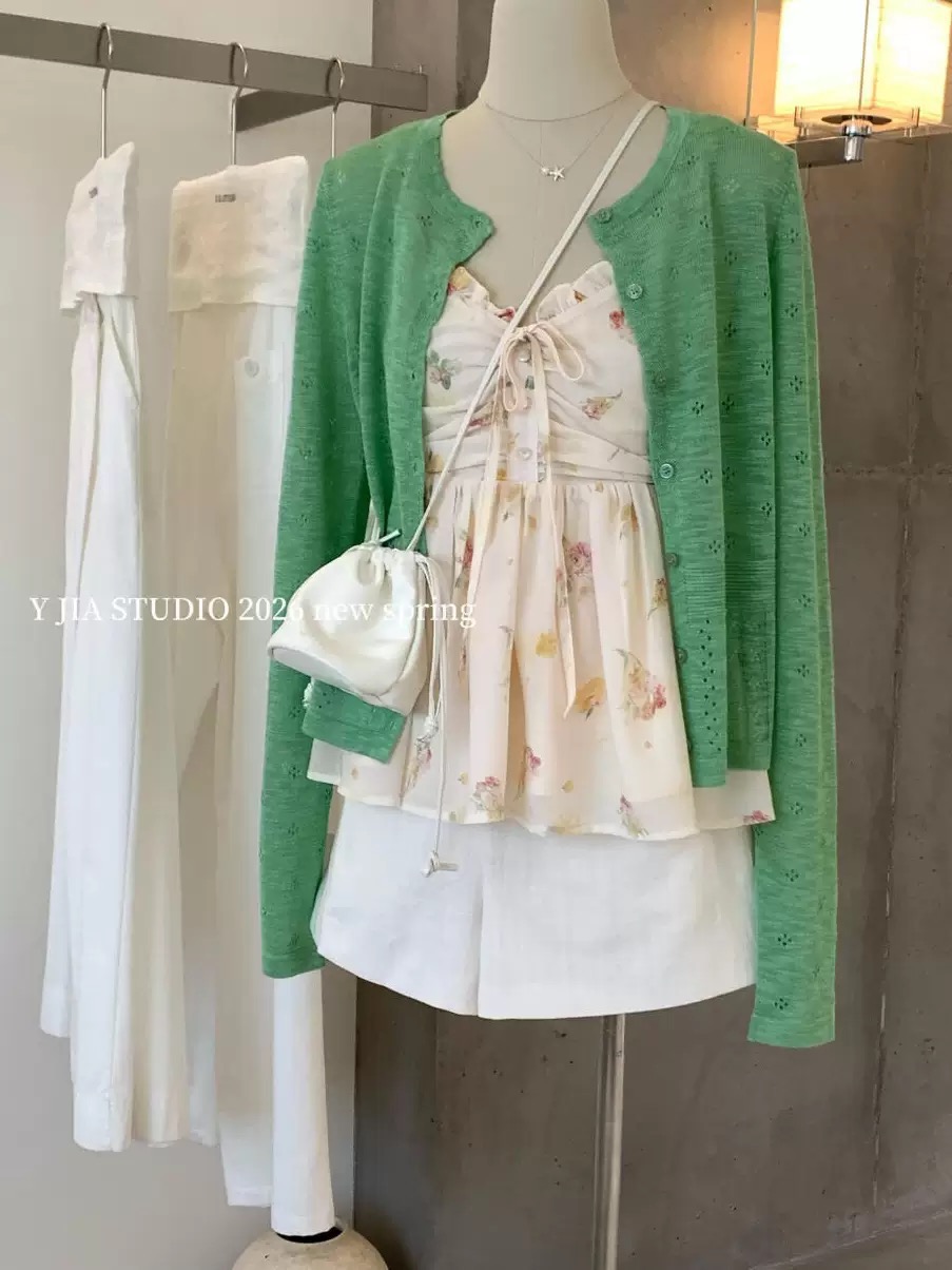 y.jia 이순신 지아 2026 열세 개 이른 봄 새로운 홀로우 아웃 니트 오픈 가디건 꽃무늬 프릴 슬립 세트
