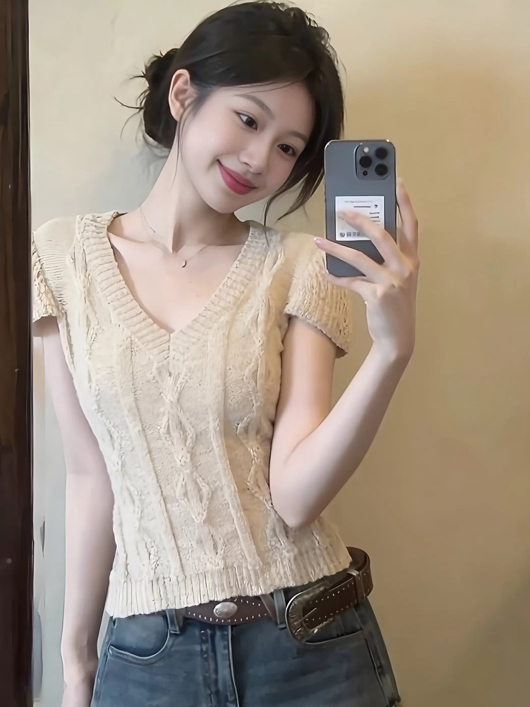 2026 여름 한국 스타일 품격 V넥 마 무늬 반팔 니트 스웨터 여성 파란색 몸매 가꾸기 슬림해 보이는 다용도 맨위