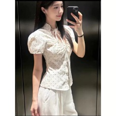 批发2026春夏新品女装甜辣风<b class='q'>修身</b>短袖V领府绸蝴蝶结饰衬衫上衣2180046