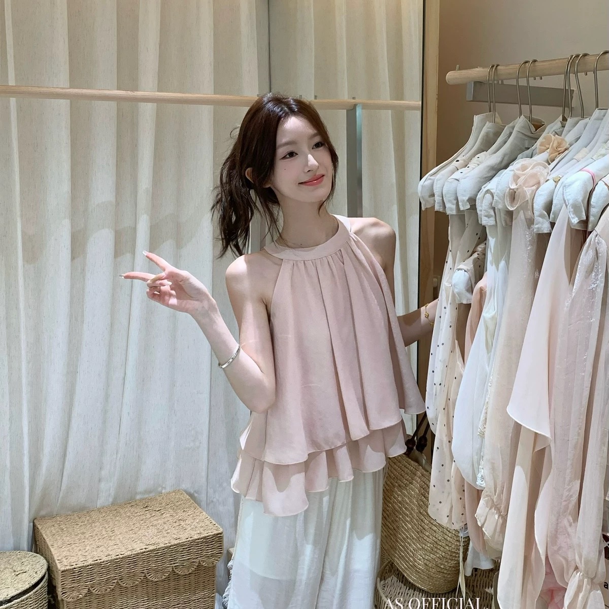 프랑스식 달콤함 부드러운 바람 행침 목 민소매 캐미솔 2026 여름 새로운 이중층 프릴 연령 감소 작은 셔츠