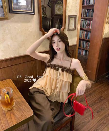 한 부서 달콤함 분위기 센스 배색 다중 레이어 프릴 슬립 인형 셔츠 조끼 맨위