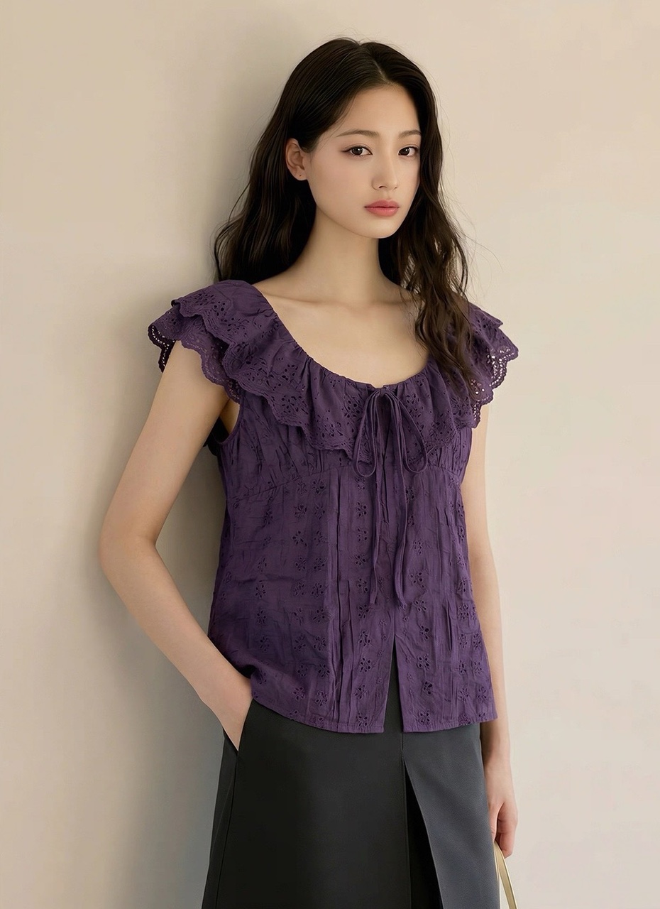 레이스 레이스 작은 날다 소매 여성 셔츠 여름 몸매 가꾸기 쇼트 스타일 민소매 셔츠 캐미솔 맨위