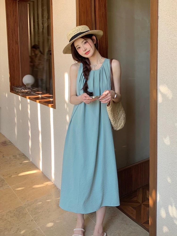 우유 콩 그린 프랑스식 민소매 여성 드레스 여름 2026 새로운 부드러운 바람 도파민 착용 가져 가라. 해변가 휴가 치마