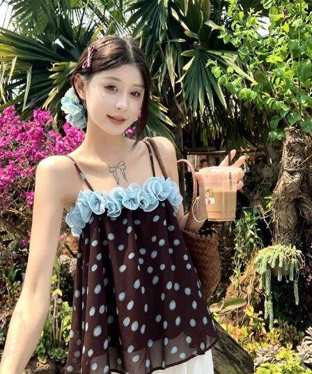 달콤한 매운맛 바람 진한 보라색 망사 레이스 캐미솔 여성 의류 여름 작은 대중 연령 감소 다용도 맨위
