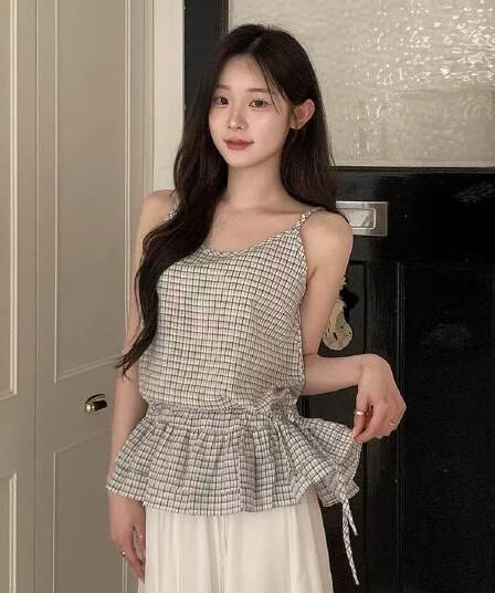 한 부서 디자인 센스 펌프 로프 레이스업 프릴 체크무늬 슬립 여성 여름 새로운 레트로 품격 다용도 조끼