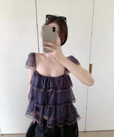 밤나무 코코아 bankelili 팬 바다 리건 프릴 레이스 계층의 감각 작은 날다 소매 광장 칼라 슬립 여성