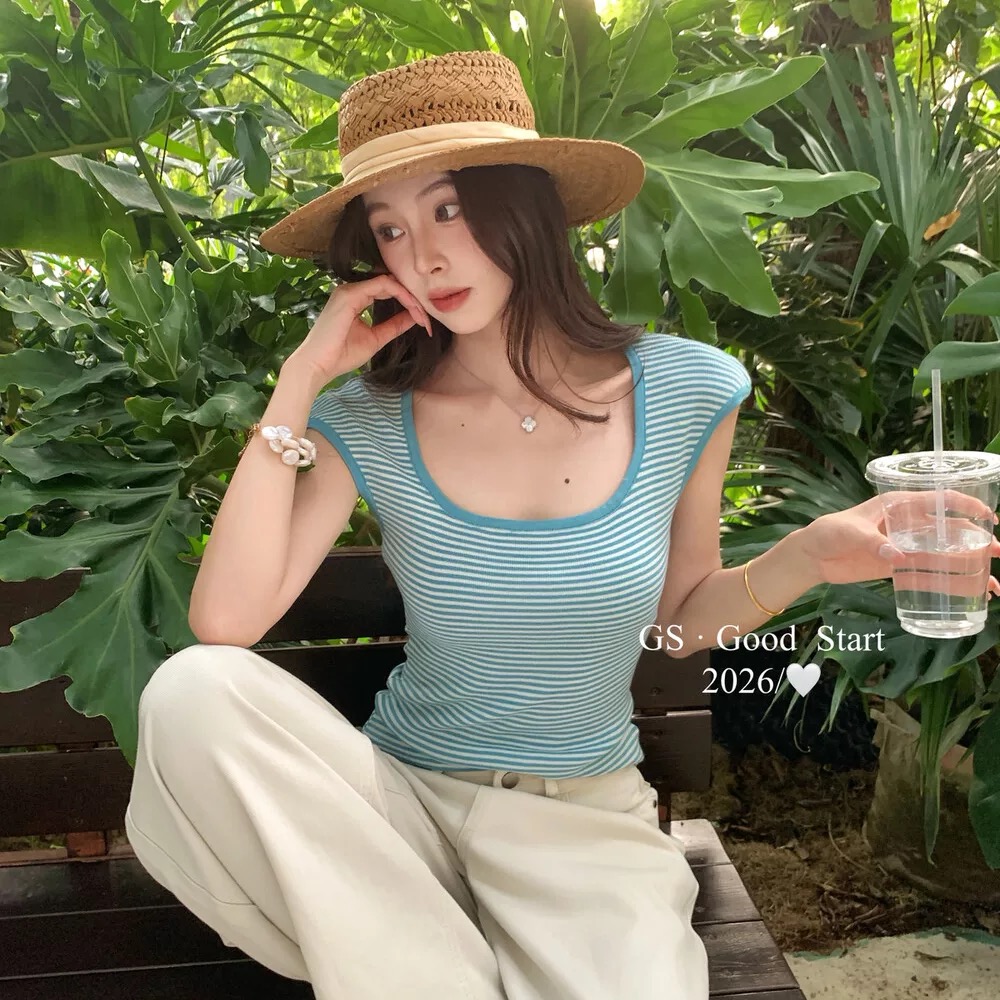 한 부서 패션 트렌드 배색 스트라이프 u 칼라 반팔 몸매 가꾸기 다용도 슬림해 보이는 니트 작은 셔츠 여성 여름