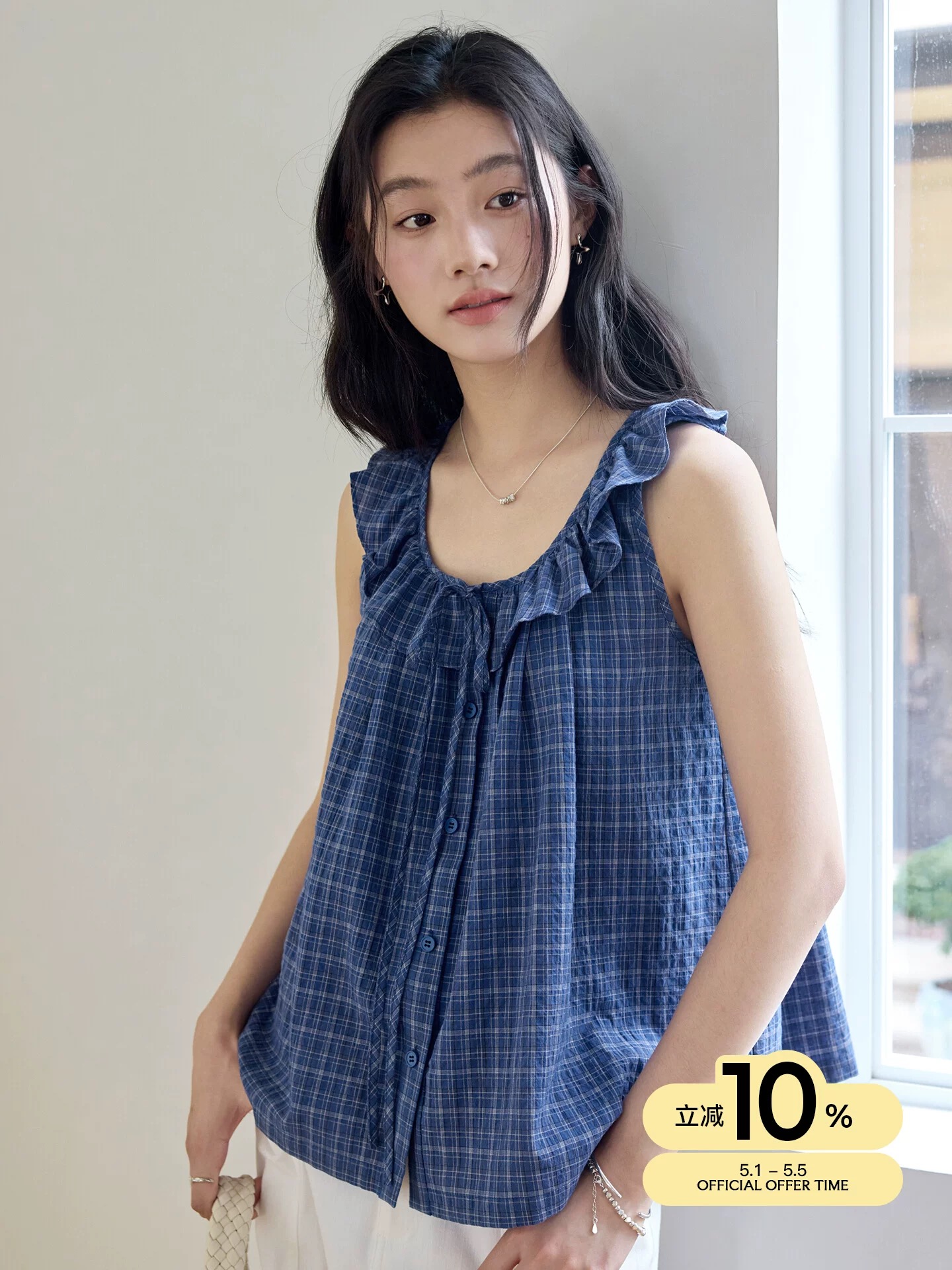 한 부서 배색 체크무늬 레이스업 나비 매듭 캐미솔 2026 여름 민소매 프릴 다용도 맨위