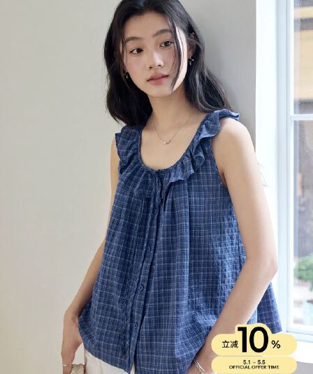 한 부서 배색 체크무늬 레이스업 나비 매듭 캐미솔 2026 여름 민소매 프릴 다용도 맨위