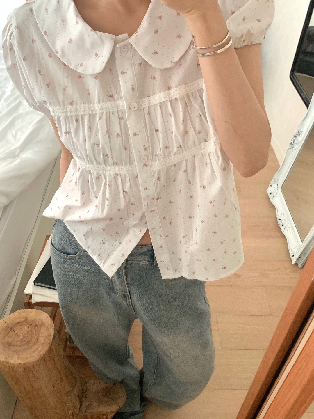 한 부서 여름 달콤함 연령 감소 베이비 칼라 레이스 레이스 주름 장식 싱글 줄 버튼 거품 소매 셔츠 맨위