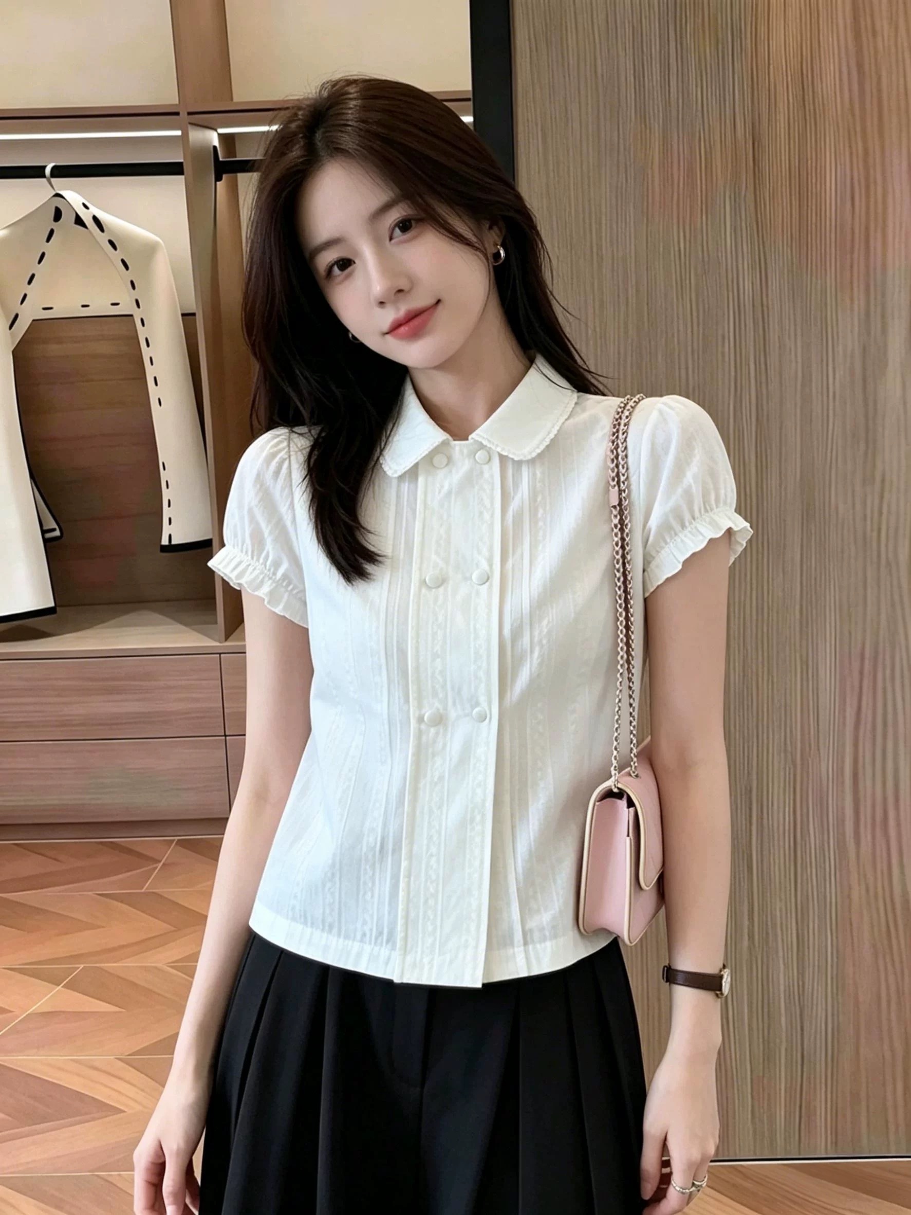 학원 스타일 달콤함 작은 대중 베이비 칼라 여성 셔츠 여름 거품 소매 레이스 셔츠 슬림해 보이는 디자인 센스 작은 맨위