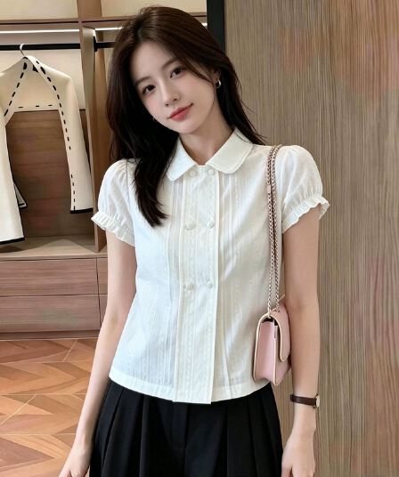 학원 스타일 달콤함 작은 대중 베이비 칼라 여성 셔츠 여름 거품 소매 레이스 셔츠 슬림해 보이는 디자인 센스 작은 맨위