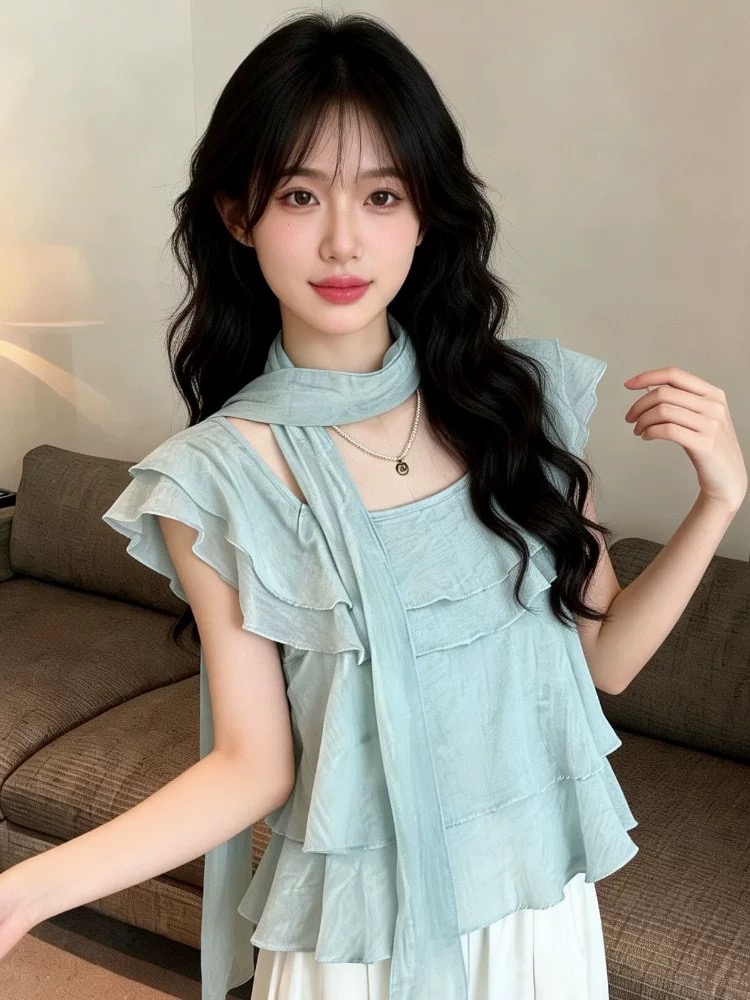 프랑스식 달콤한 스타일 프릴 리본 쉬폰 여성 셔츠 여름 부드러운 바람 품격 레이스업 오프숄더 휴가 맨위