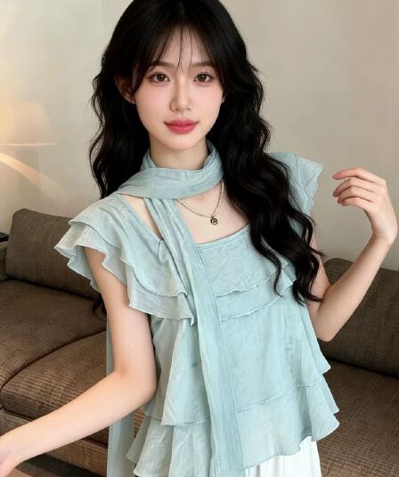 프랑스식 달콤한 스타일 프릴 리본 쉬폰 여성 셔츠 여름 부드러운 바람 품격 레이스업 오프숄더 휴가 맨위