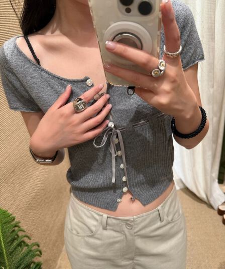 isaro uu 맞춤 선 vintage 양모 반팔 절묘한 벨벳 레이스업 낮음 라운드 넥 부드럽다 짧은 맨위