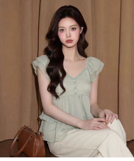 한 부서 달콤함 작은 날다 소매 맨위 계층의 감각 층 프릴 작은 셔츠 2026 년 여름