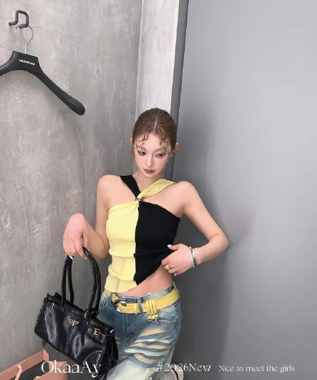 iam han 바 남자 그리드 가볍게 하다 럭셔리 금속 버클 패치워크 색상 행침 목 맨위 여성 여름 섹시함 캐미솔