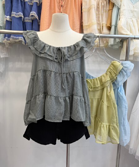 체크무늬 광장 칼라 프릴 민소매 맨위 여성 여름 레이스업 루즈핏 인형 셔츠 오프숄더 연령 감소 작은 셔츠
