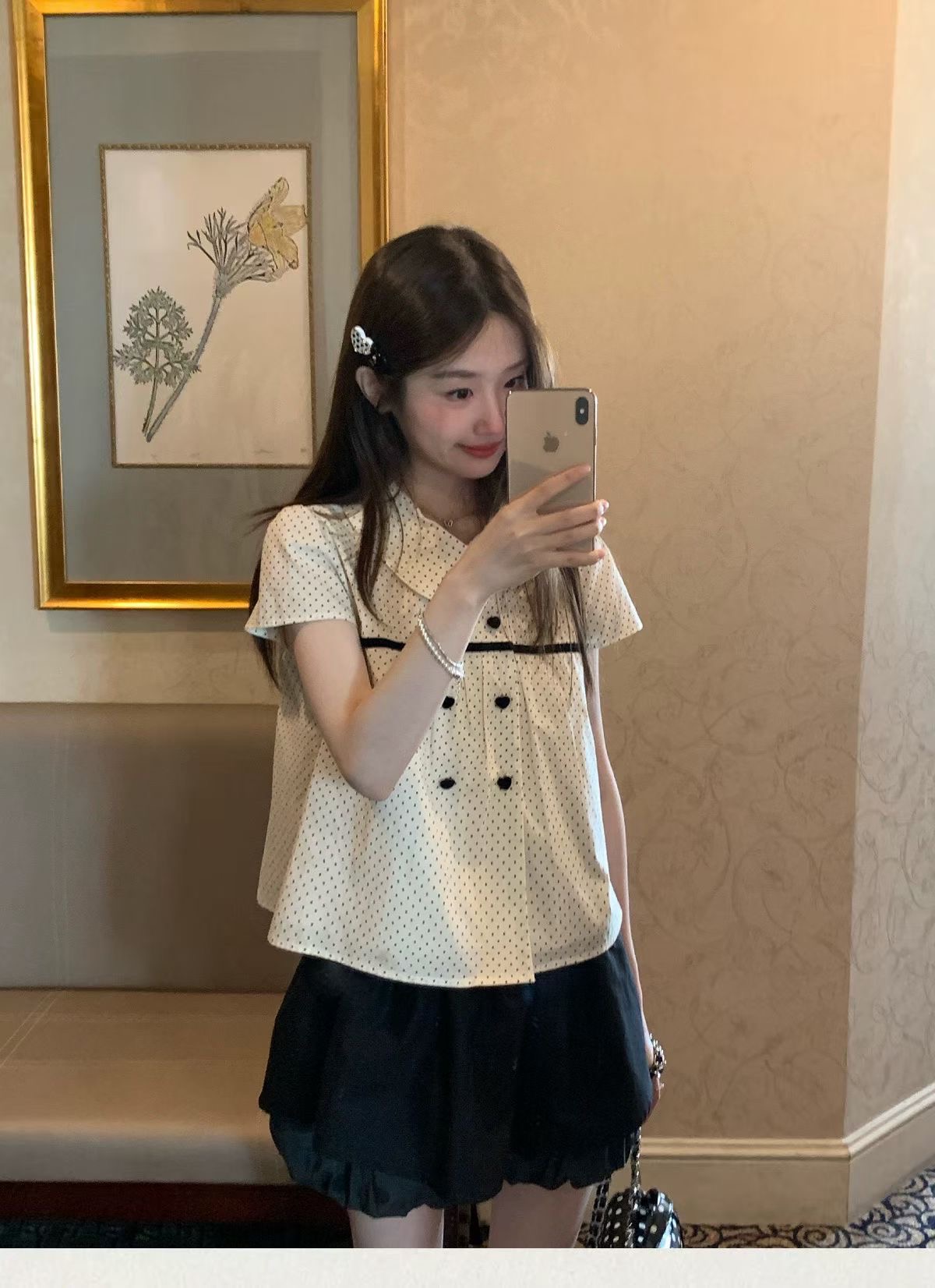 한 부서 달콤한 스타일 베이비 칼라 반팔 여성 셔츠 여름 새로운 이중 버튼 도트 무늬 셔츠 루즈핏 슬림해 보이는 맨위