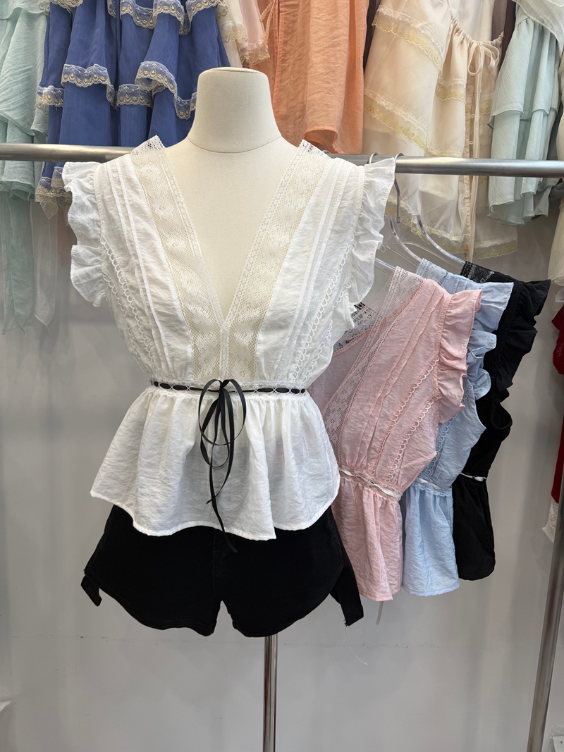순수한 욕망 바람 검정색 V넥 레이스 캐미솔 여름 허리 수축 슬림해 보이는 케이크 층 인형 셔츠 맨위