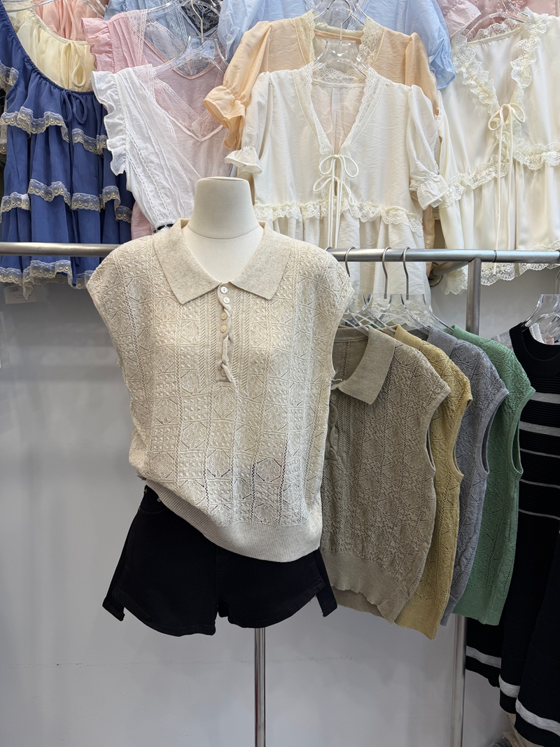 POLO 칼라 니트 조끼 여성 여름 얇은 스타일 홀로우 아웃 자카드 민소매 맨위 루즈핏 캐주얼 슬림해 보이는 털 니트 스웨터