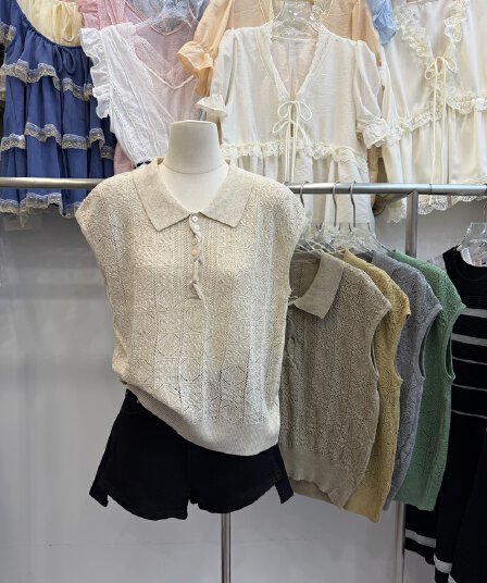 POLO 칼라 니트 조끼 여성 여름 얇은 스타일 홀로우 아웃 자카드 민소매 맨위 루즈핏 캐주얼 슬림해 보이는 털 니트 스웨터