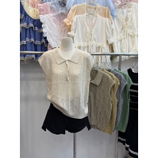 批发Polo领针织背心女<b class='q'>夏</b>季薄款镂空提花无袖上衣宽松休闲显瘦毛针织衫
