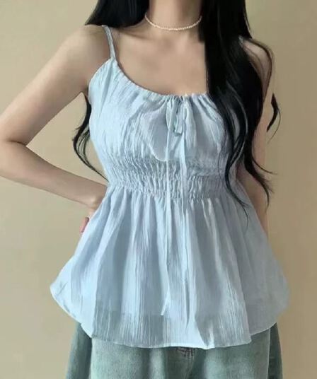 한국 chic 여름 디자인 센스 펌프 로프 스트랩 주름 허리 수축 슬림해 보이는 슬립 여성 레저 섹시함 조끼 맨위