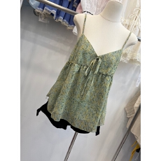 批发复古绿<b class='q'>碎花</b>吊带背心女夏季韩系温柔风V领系带收腰雪纺无袖上衣