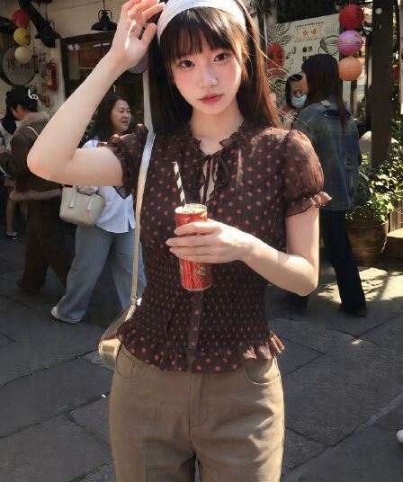 찬양하다 다우 yuzhi 프랑스식 레트로 도트 무늬 쉬폰 셔츠 여성용 짧은 소매 여름 새로운 허리 수축 슬림해 보이는 외국 가스 맨위