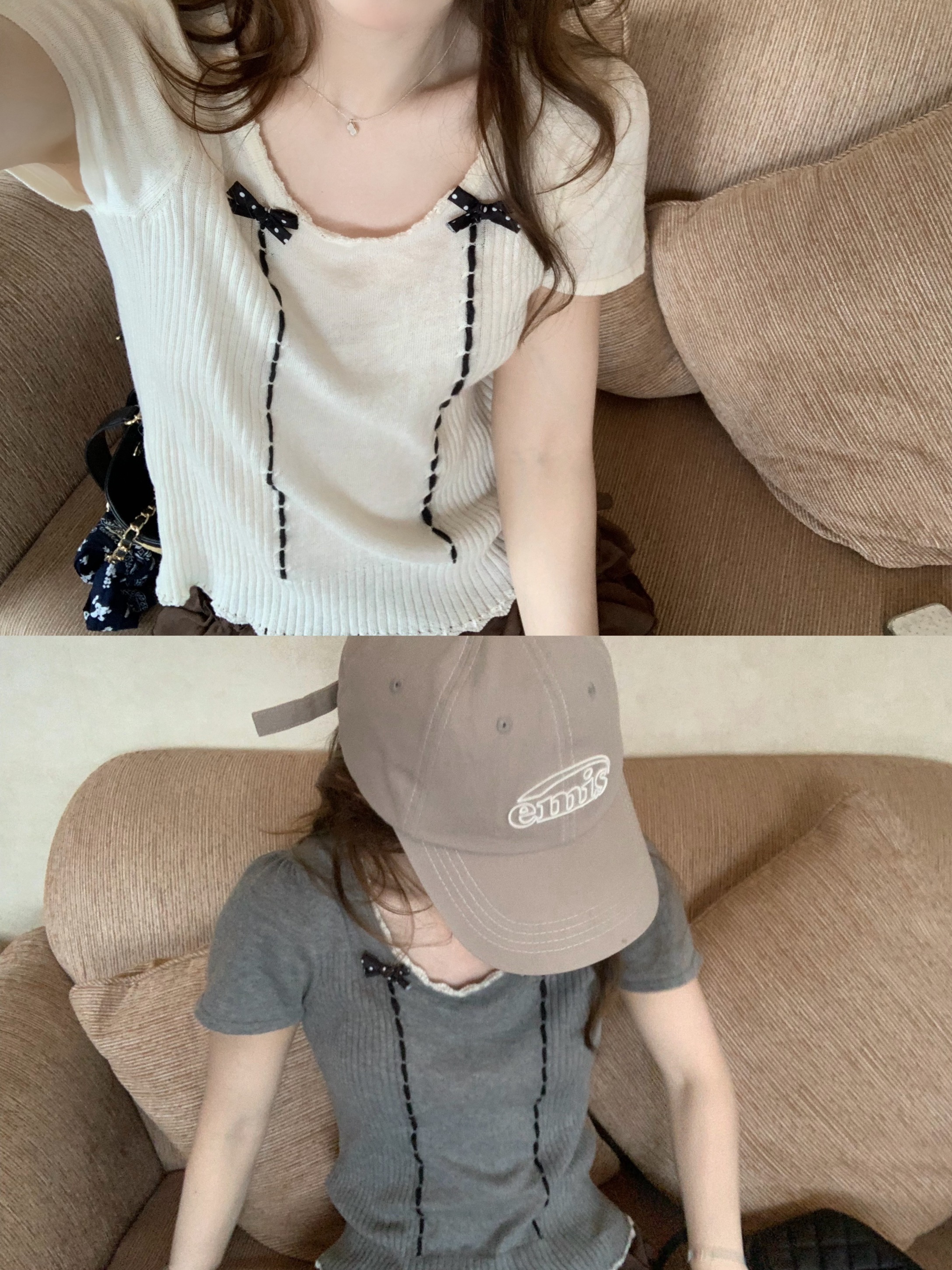 yoursjin miu 부서 레이스 나비 매듭 소녀 센스 니트 스웨터 반팔 t 닫기 피팅 면 100% 얇은 스타일