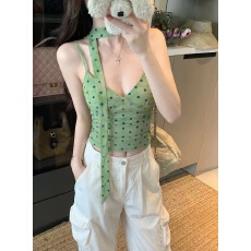 批发夏季修身辣妹性感显露上衣法式绿色波点印花设计感吊带背心潮