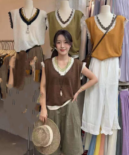 유럽 상품 새로운 패션 디자인 센스 배색 레이스 레이스 V넥 페이크 레이어드 니트 스웨터 여성 다용도 외국 가스 맨위