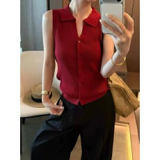 韩版POLO翻领单排扣无袖针织背心女2026夏季百搭修身显瘦短款上衣
