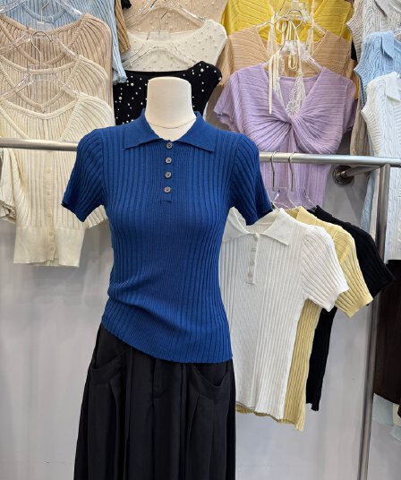 톰 글 래 원인 블루 POLO 칼라 니트 반팔 여성 여름 구덩이 기사 몸매 가꾸기 쇼트 스타일 폴로 칼라 단추 슬림해 보이는 다용도