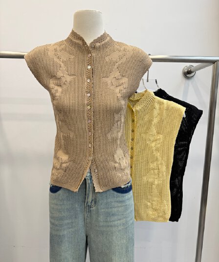한 부서 부드러운 물결무늬 칼라 홀로우 아웃 니트 베스트 색상 조개 버클 몸매 가꾸기 슬림해 보이는 민소매 조끼 오픈 가디건