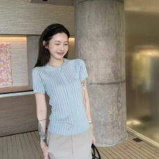 批发韩系高级感<b class='q'>短袖</b>圆领针织衫女夏季小个子修身收腰显瘦短款内搭上衣