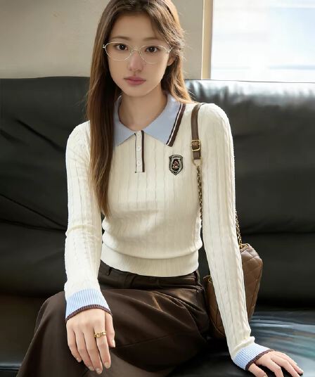 디자인 센스 한 부서 POLO 칼라 인사이드 가져 가라. 만나는 쇼트 스타일 니트 스웨터 여성 가을 겨울 몸매 가꾸기 꽈배기 스웨터 긴팔 맨위