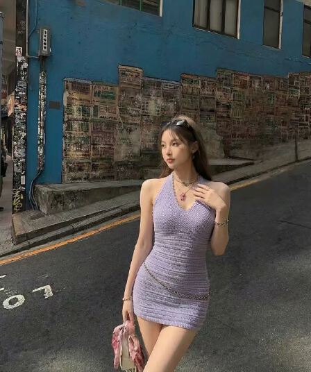 보라색 여성 드레스 부유 한 가족 천 골드 작은 샤넬 스타일 몸매 가꾸기 타이트 스커트 민소매 조끼 길다 치마 섬 아름다운 착용 가져 가라.