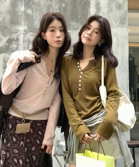 레몬 녹차 한 부서 느긋한 캐주얼 헨리 칼라 슬림해 보이는 다용도 니트 스웨터 여성 긴 소매 맨위